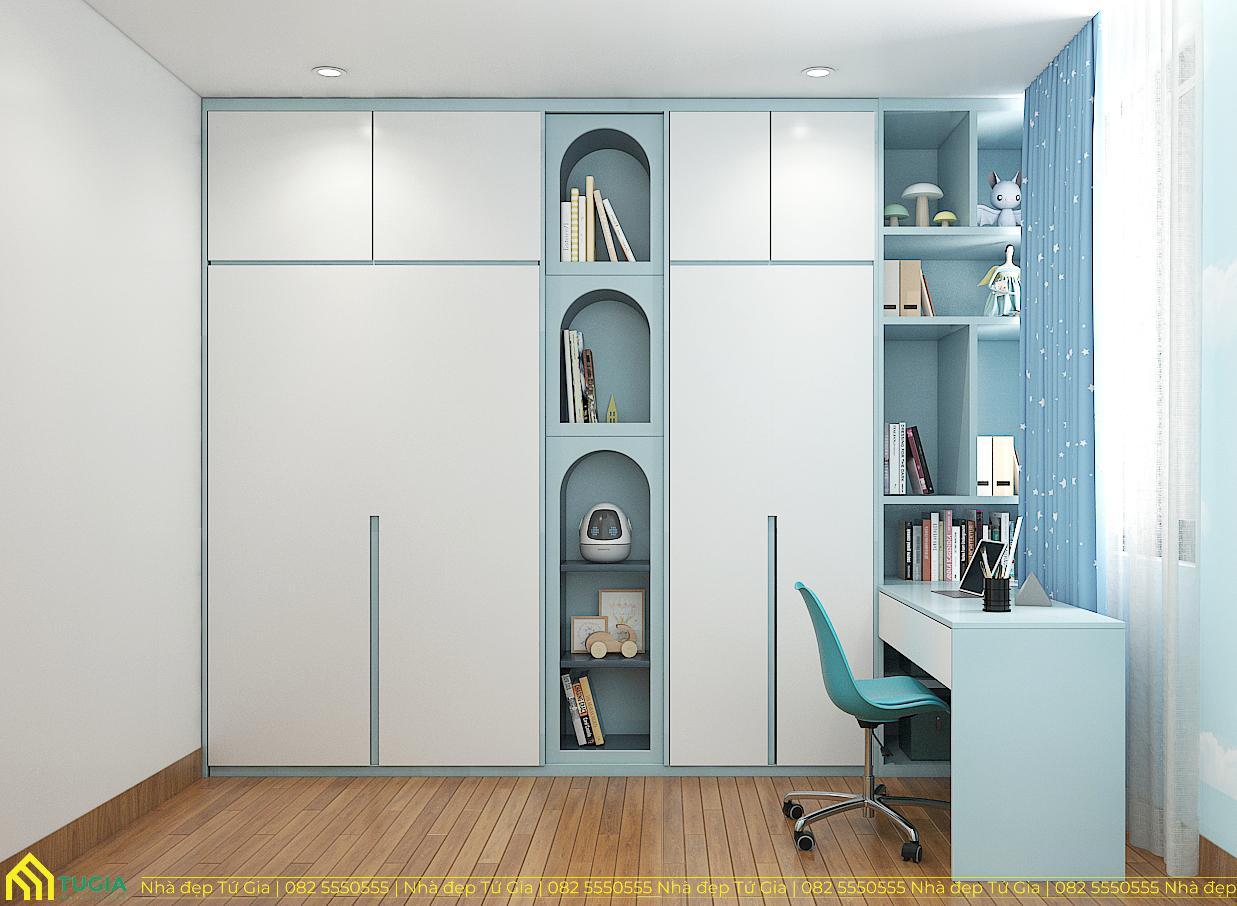 Một góc học tập tiện nghi với đầy đủ nội thất tủ kịch trần kết hợp bàn học thông minh