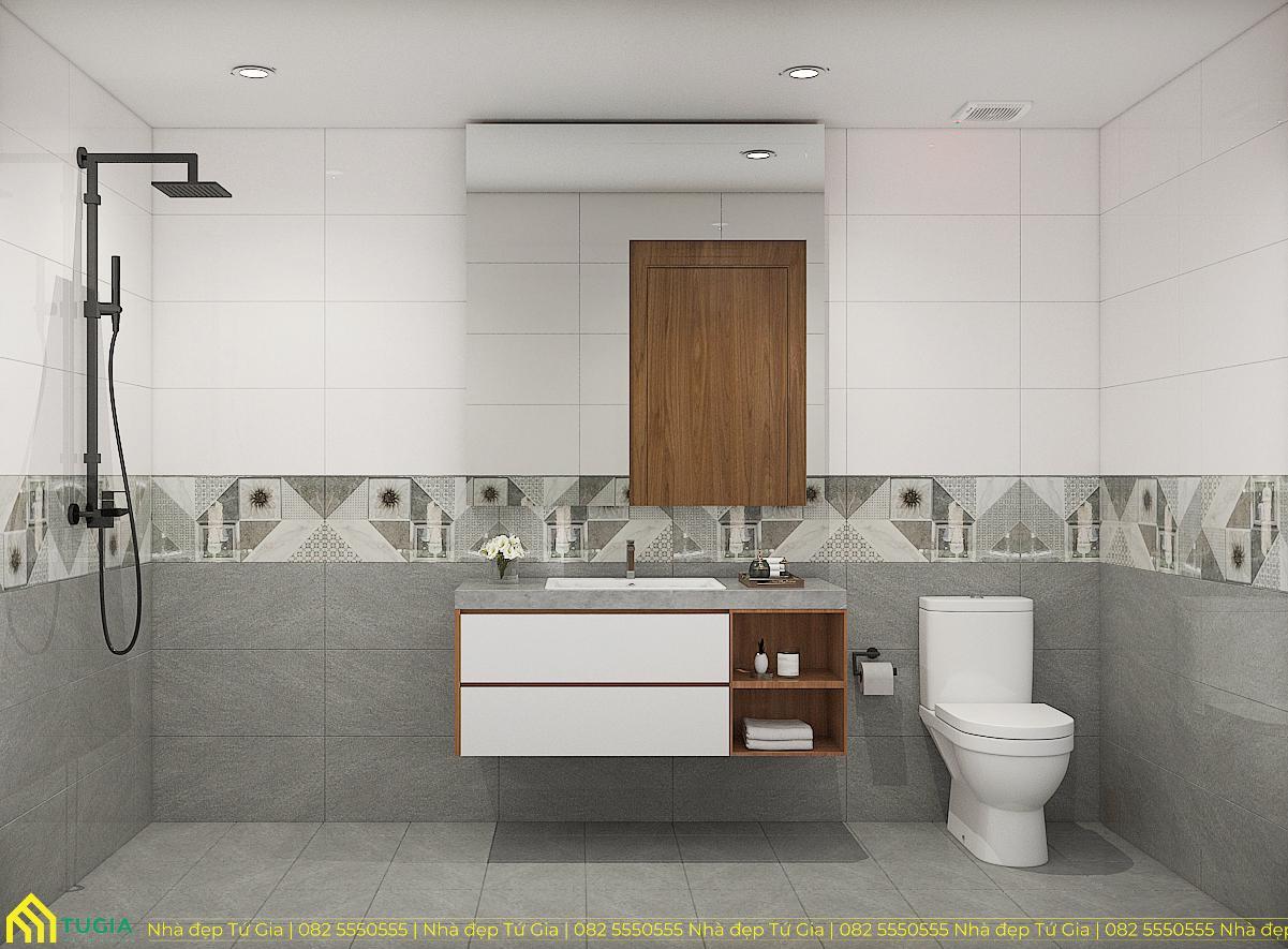 Phòng tắm được thiết kế đơn giản với đầy đủ thiết bị vệ sinh như vòi sen, bồn cầu và lavabo