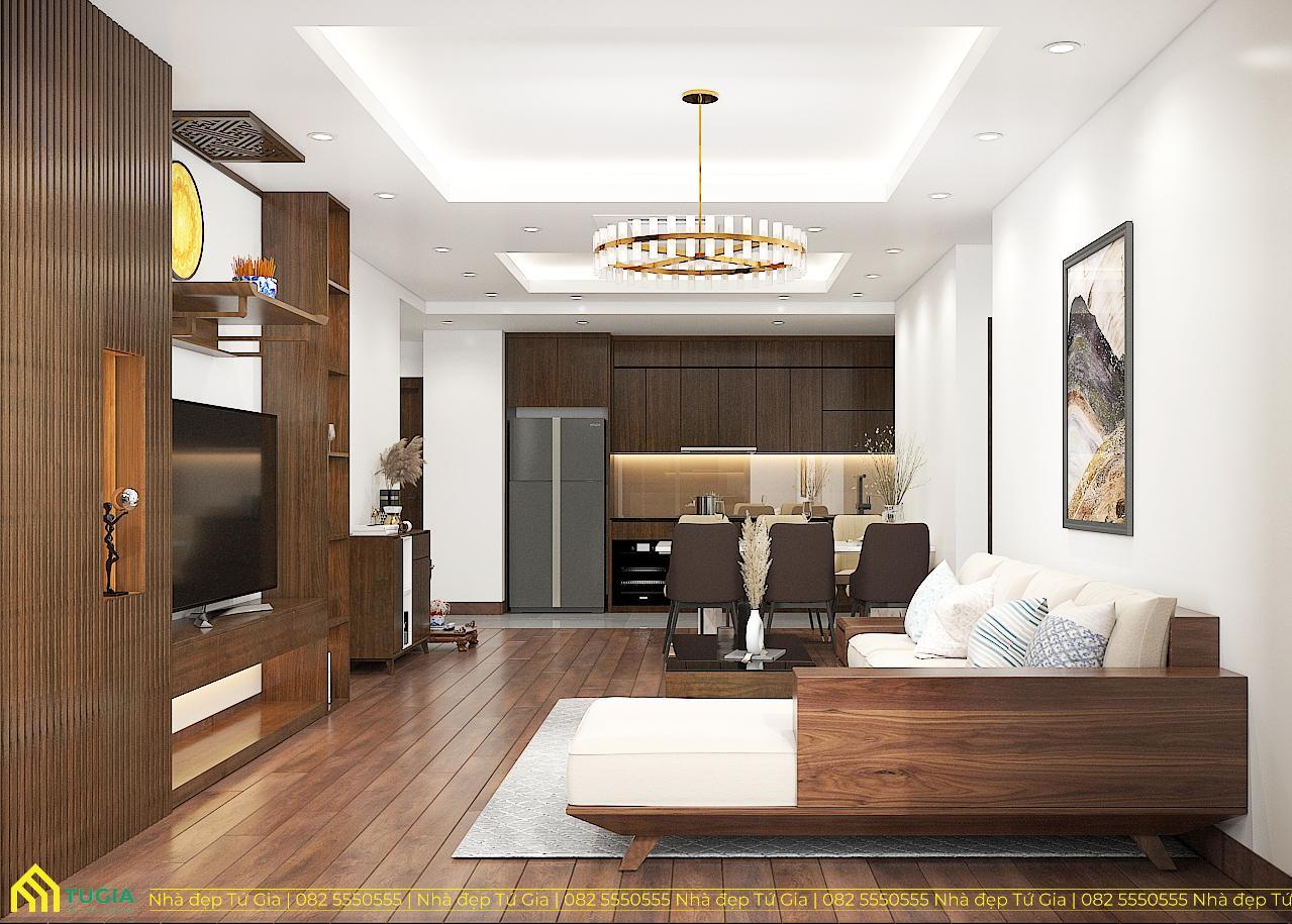 Bộ sofa gỗ tự nhiên kết hợp sàn gỗ màu trầm mang đến cảm giác ấm cúng cho phòng khách