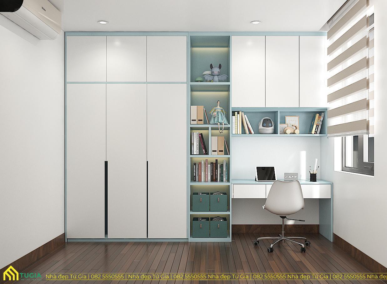 Góc học tập ngăn nắp, gọn gàng bên cạnh cửa sổ