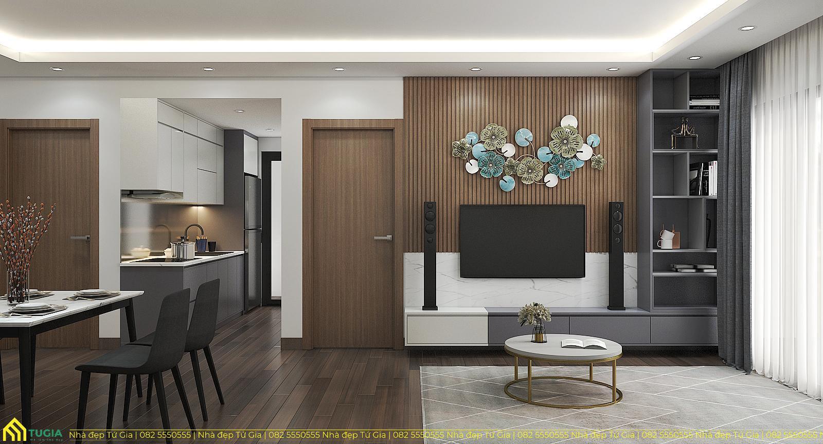 Phòng khách sử dụng tấm lam gỗ ốp tường kết hợp cùng tranh treo tường cực kỳ nổi bật