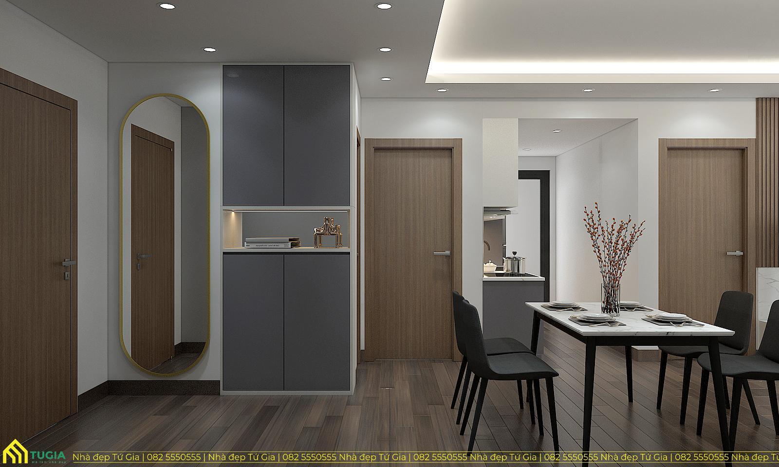 Tủ đồ kết hợp tủ trang trí cũng được thiết kế cạnh cửa ra vào vừa đảm bảo công năng lại cực kỳ thẩm mỹ