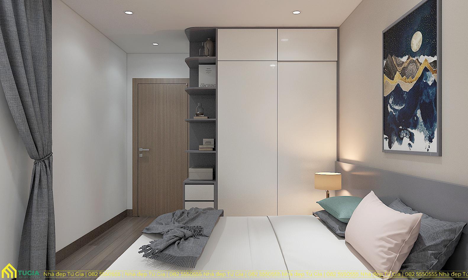 Phòng ngủ thứ hai được thiết kế đơn giản nhưng vẫn đầy đủ công năng với tủ quần áo và giường ngủ
