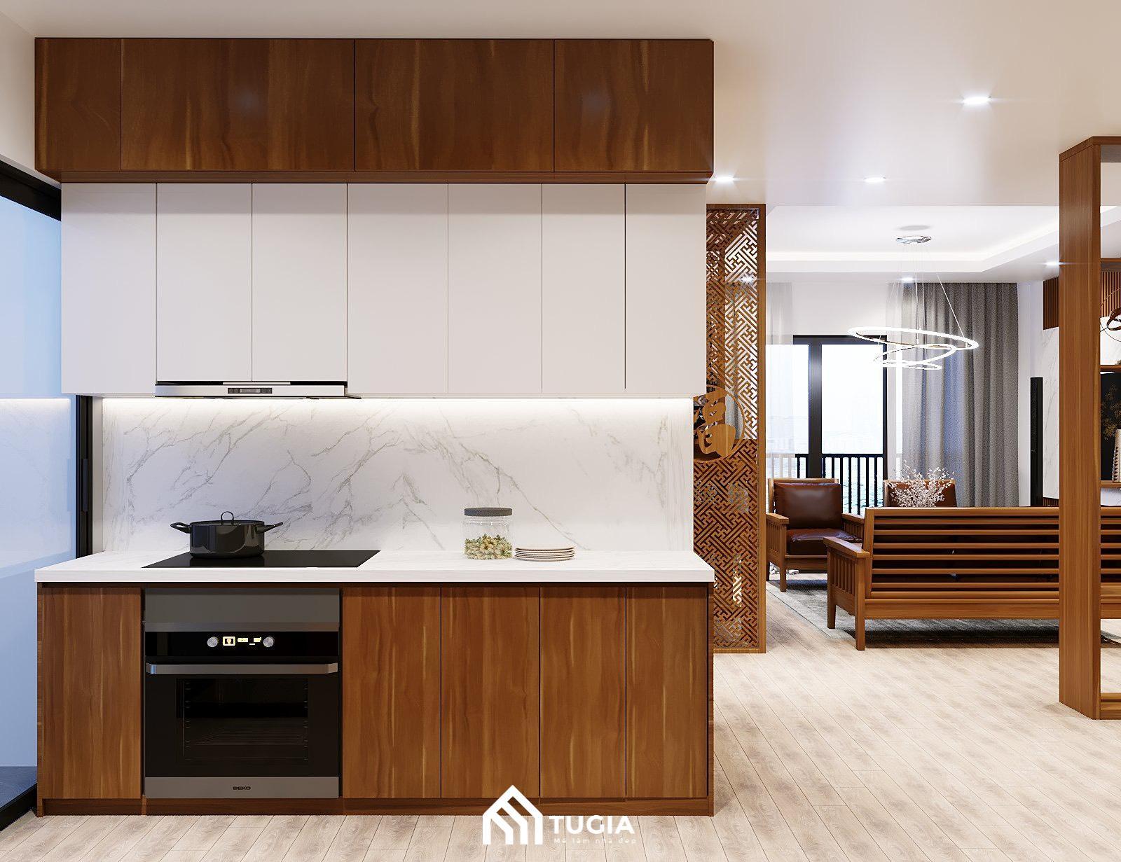 Tủ bếp được thiết kế đối diện nhau giúp tiết kiệm diện tích