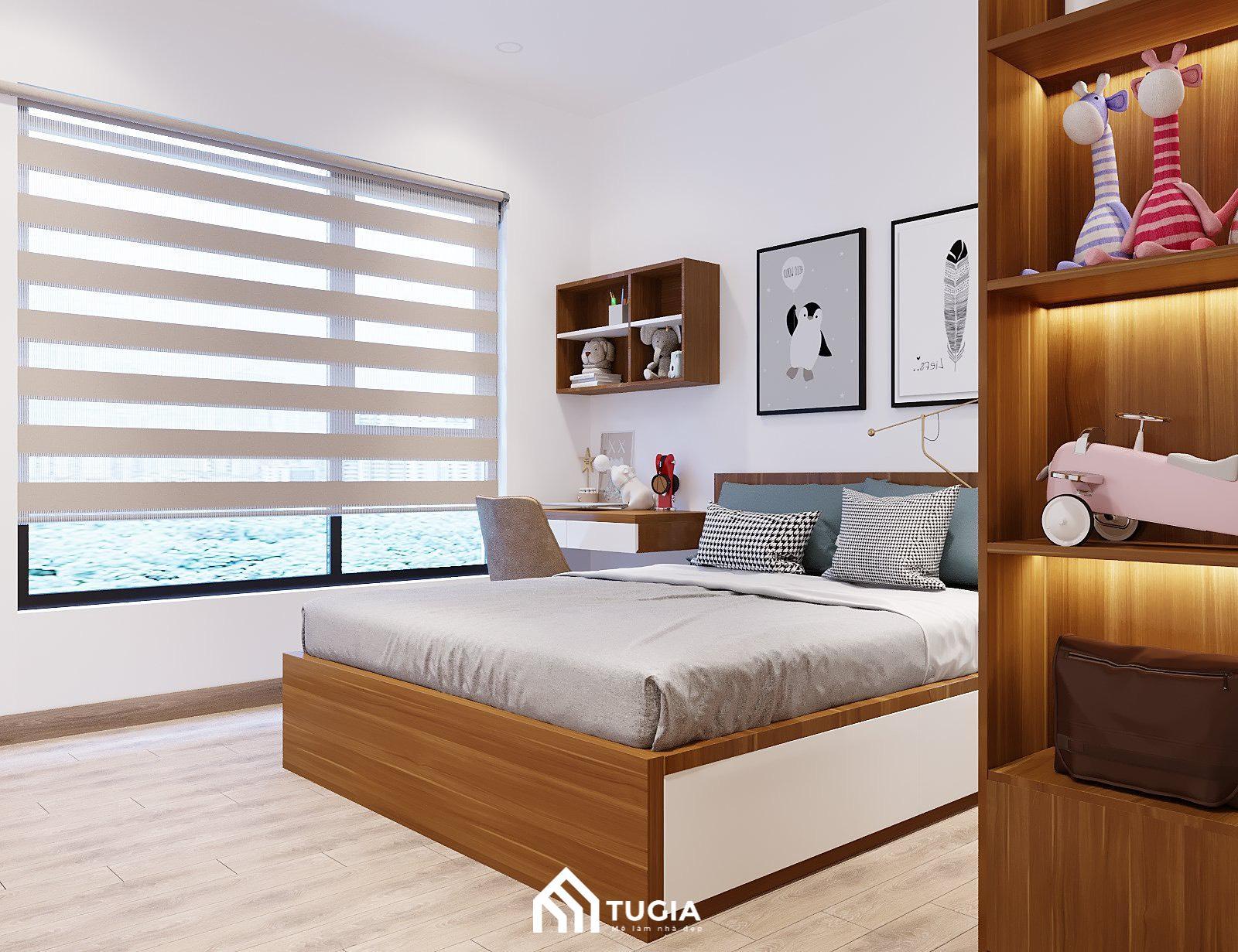 Góc học tập đơn giản chỉ có bàn và ghế đặt gần phía cửa sổ đón nhiều ánh sáng tự nhiên