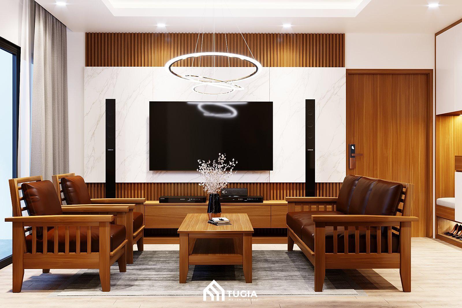 Thiết kế nội thất phòng khách chung cư 94m2 tại Housinco theo phong cách hiện đại pha chút truyền thống