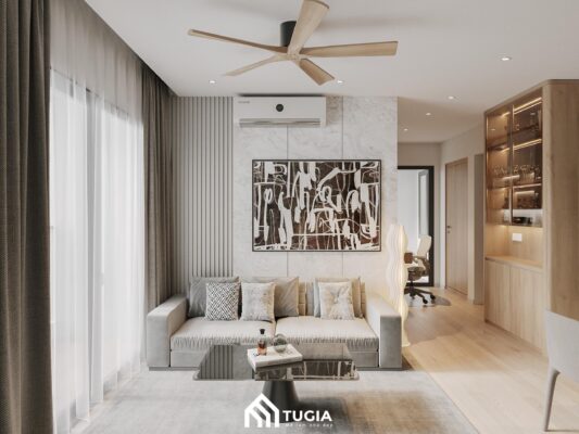Ghế sofa với thiết kế tối giản, không có các chi tiết thừa, cùng gam màu trung tính tạo cảm giác thanh lịch cho phòng khách