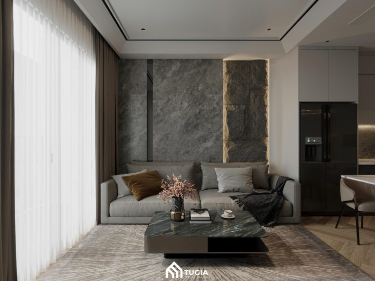Thiết kế tường nhà ấn tượng bằng tấm đá tự nhiên kích thước lớn giúp làm điểm nhấn cho không gian