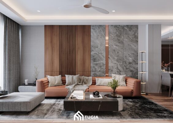 Phòng khách sang trọng với bộ sofa cao cấp tone màu trung tính kết hợp cùng bàn trà đá tự nhiên nguyên khối