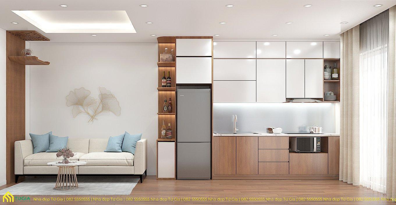 Bố trí tủ bếp chữ I kịch trần vừa giúp cân đối với không gian vừa giúp tăng diện tích lưu trữ