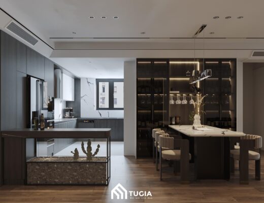 Không gian bếp được thiết kế tối ưu hóa công năng và đảm bảo sự tiện nghi với chất liệu kính cường lực và nhung làm điểm nhấn