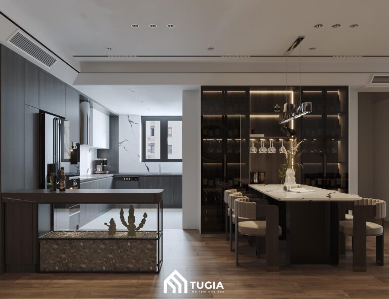 Không gian bếp được thiết kế tối ưu hóa công năng và đảm bảo sự tiện nghi với chất liệu kính cường lực và nhung làm điểm nhấn
