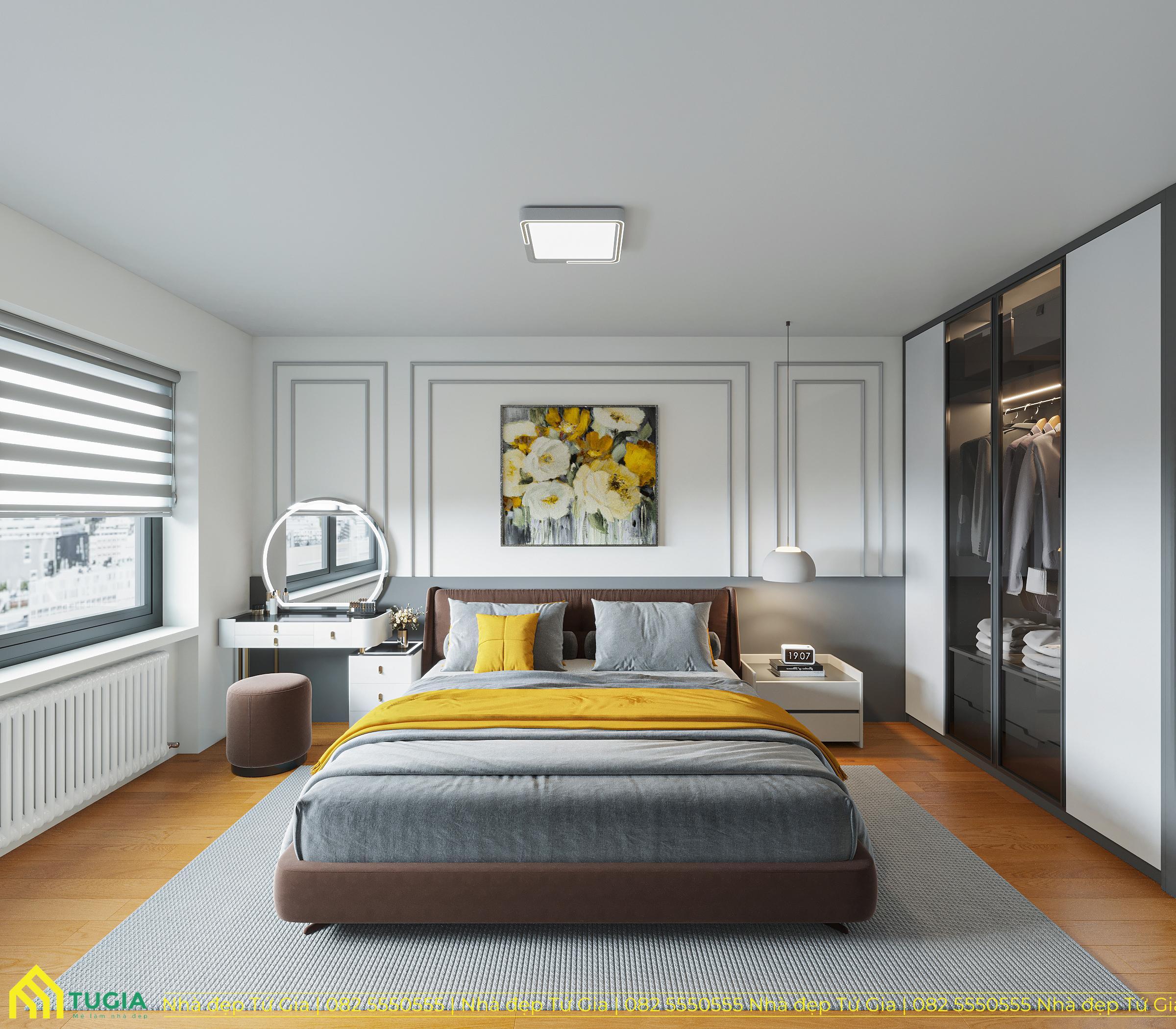 Hệ thống tủ quần áo cửa kính sang trọng, tích hợp đèn LED bên trong, giúp không gian phòng ngủ gọn gàng và tinh tế hơn
