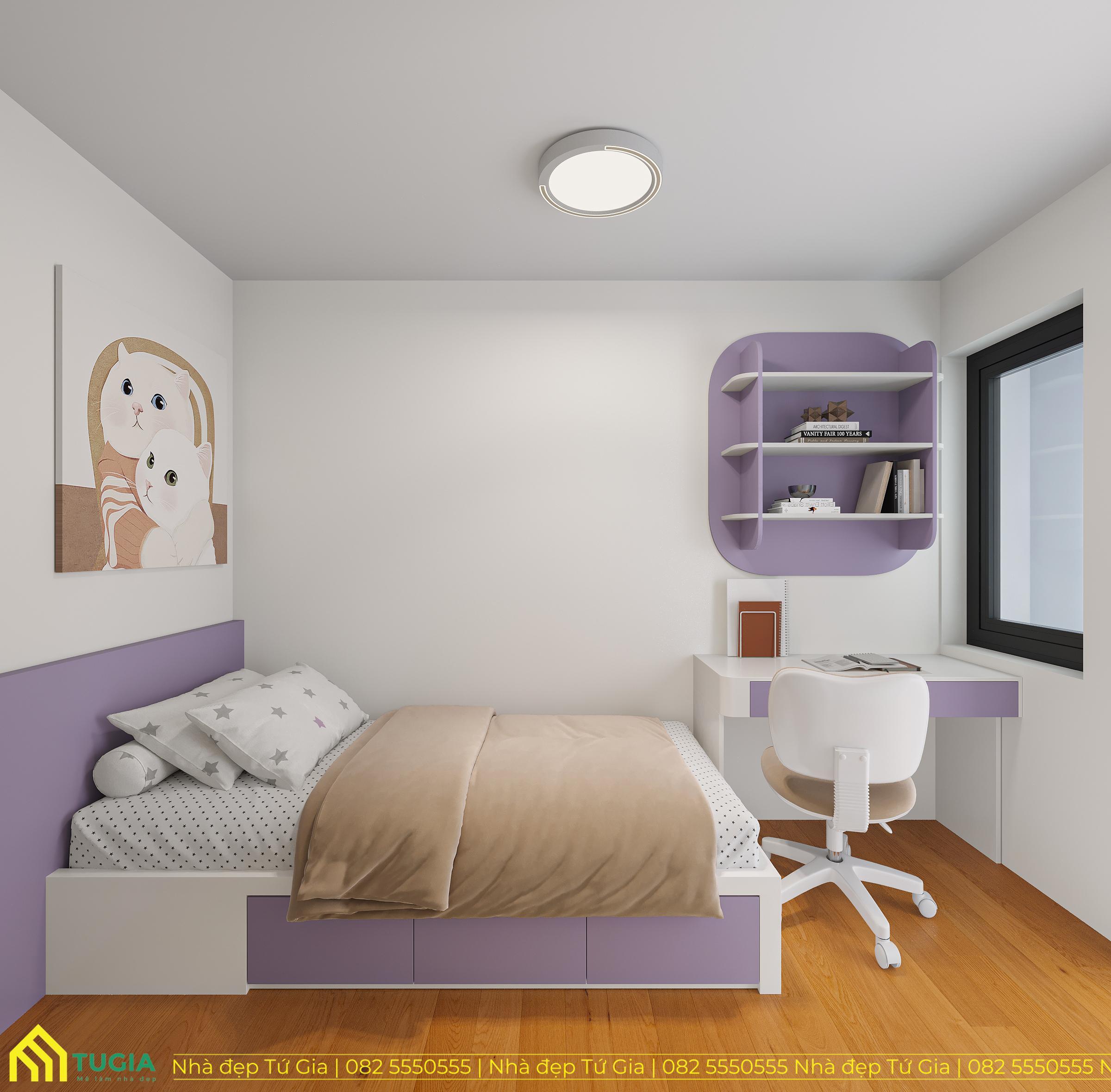 Phòng ngủ cho bé gái út với gam màu trắng - tím pastel nhẹ nhàng nhẹ nhàng, mang đến cảm giác dễ chịu