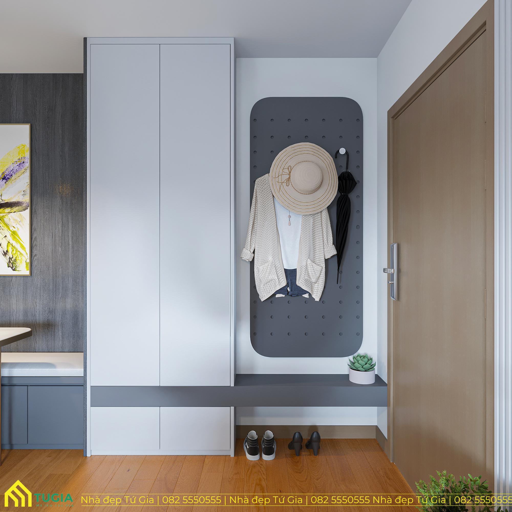 Khu vực lối đi được thiết kế tối giản và đầy đủ tiện ích với tủ giày cao gót kết nối băng ghế ngồi