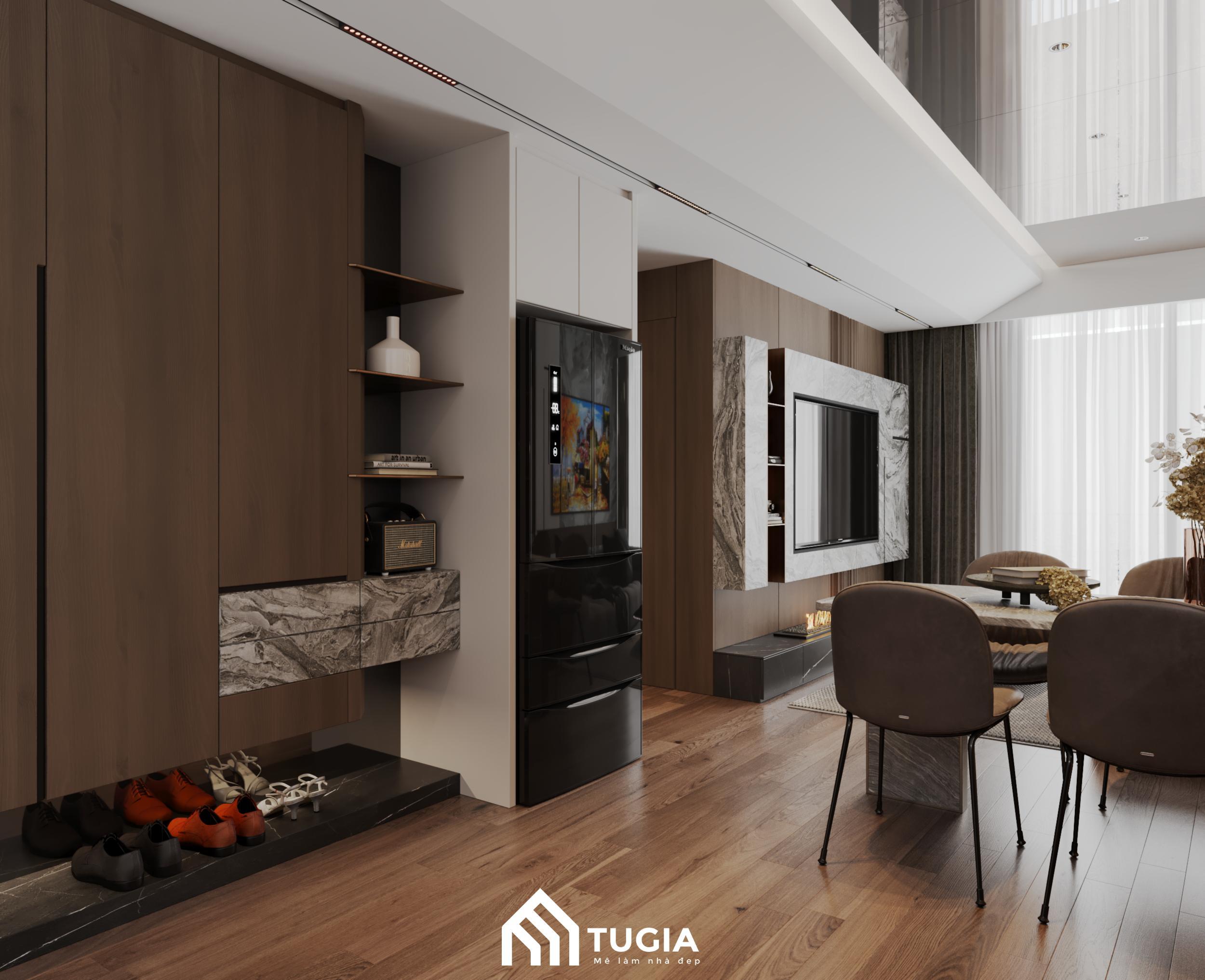 Tủ giày hiện đại với thiết kế tối giản, các ngăn chứa được phân chia hợp lý giúp không gian gọn gàng và dễ dàng sắp xếp giày dép