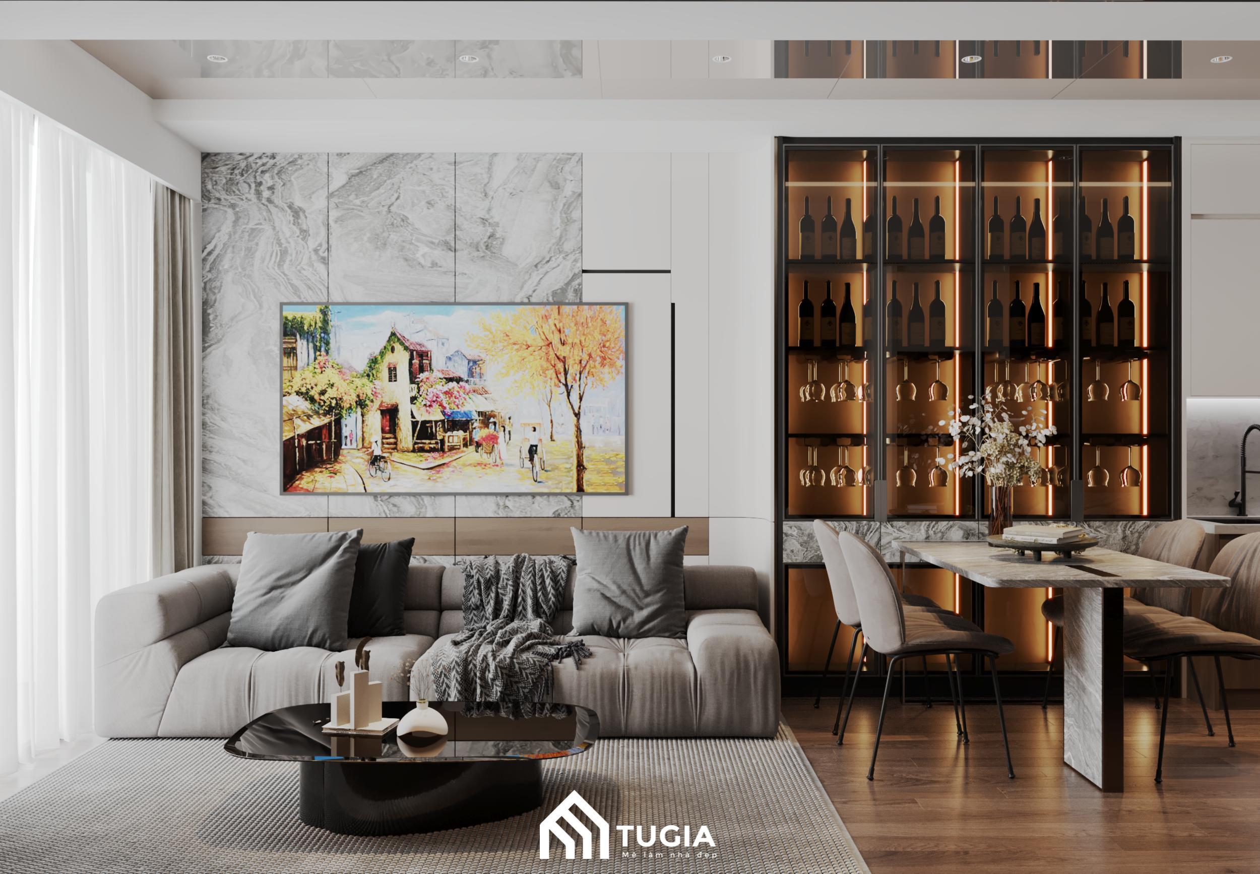 Tường phòng khách được ốp gạch giả đá sang trọng, cùng với rèm cửa kép mang đến vẻ đẹp thanh lịch và sự riêng tư cho không gian sống
