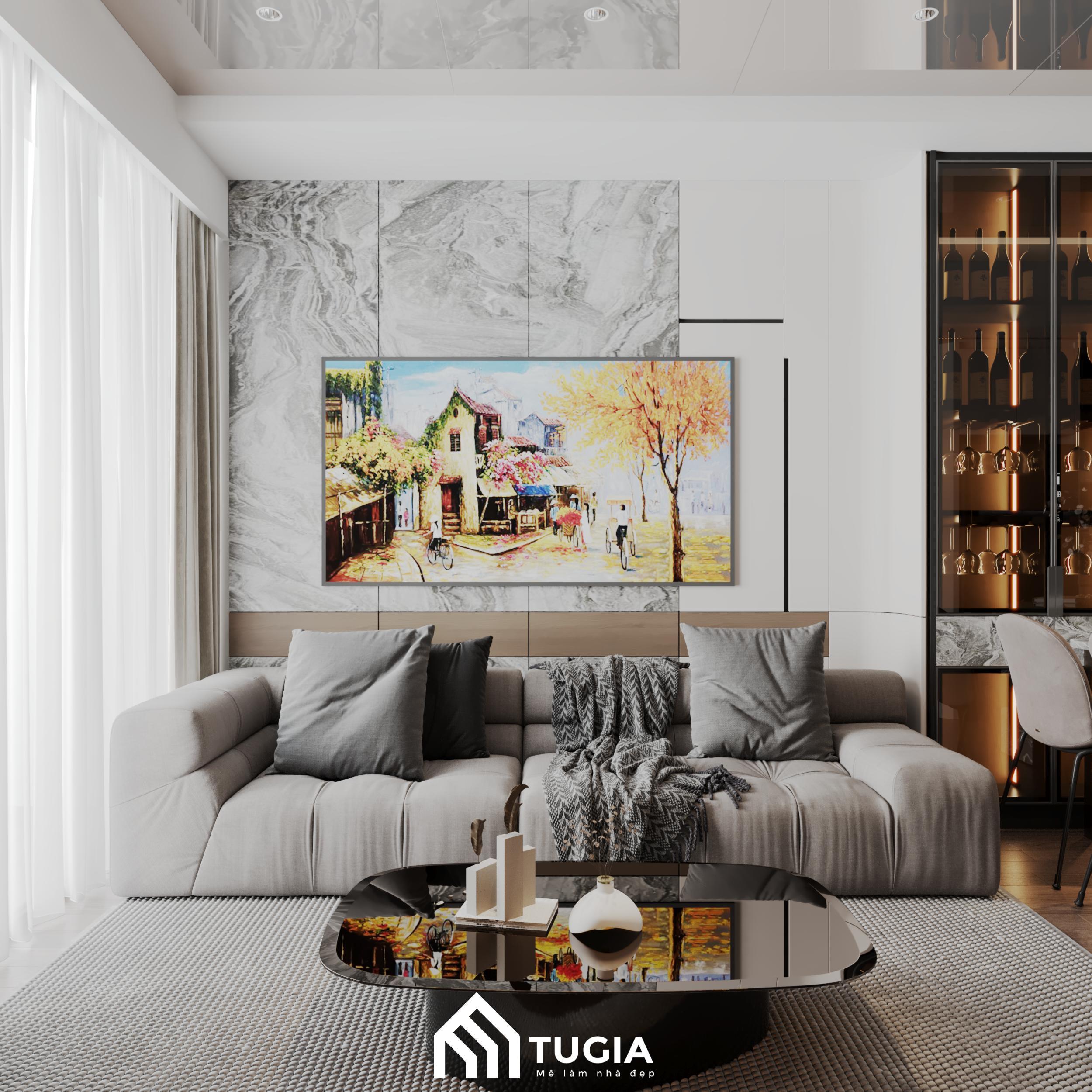 Bộ sofa cao cấp màu xám kết hợp bàn trà mặt đá đen, tạo điểm nhấn sang trọng cho không gian phòng khách