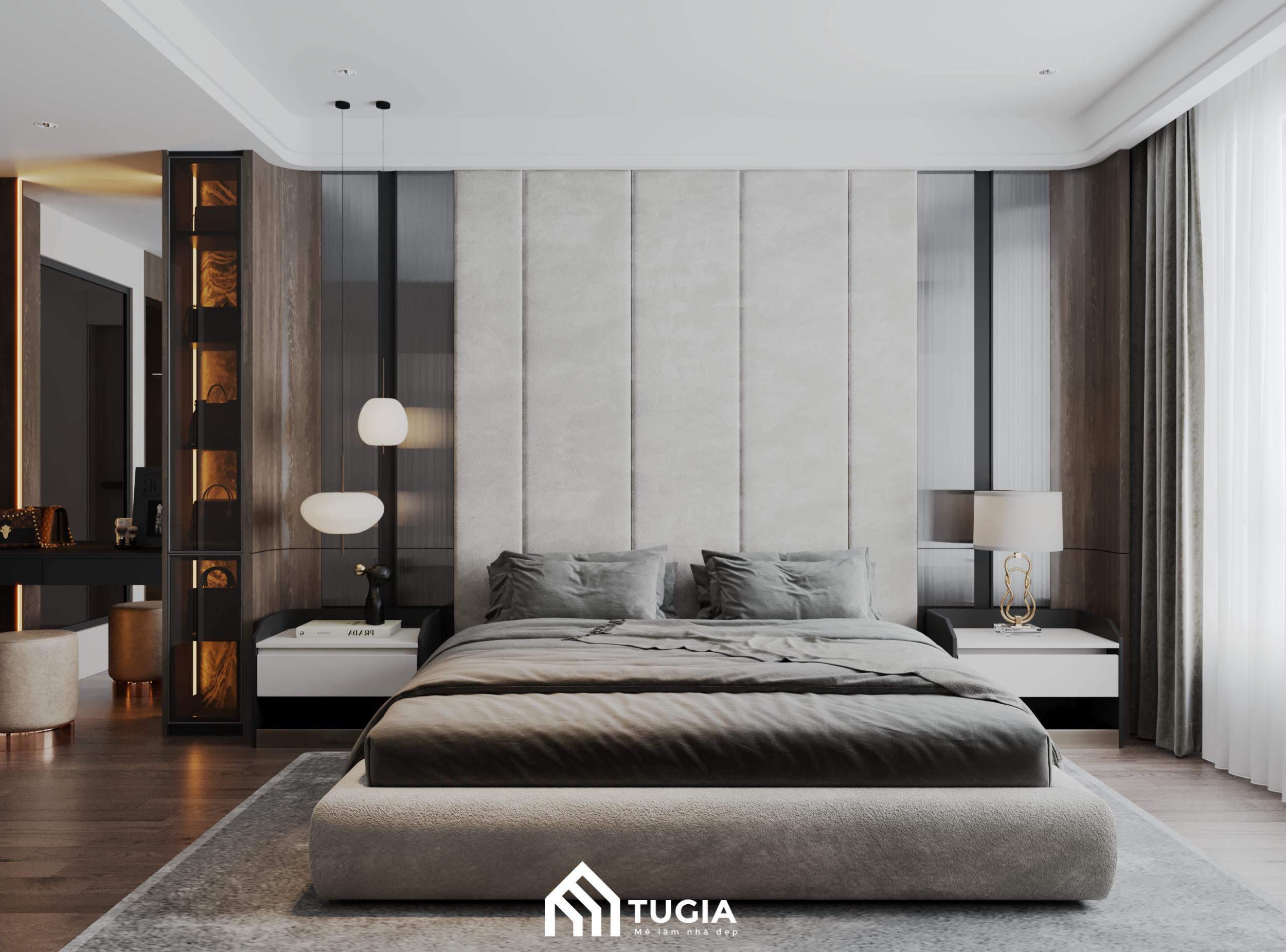 Phòng ngủ thiết kế tối giản, với giường ngủ hiện đại và nội thất tiện nghi, mang lại không gian thư giãn và nghỉ ngơi tuyệt vời