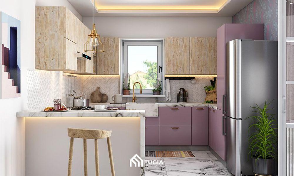 Decor bếp nhỏ màu hồng ấn tượng