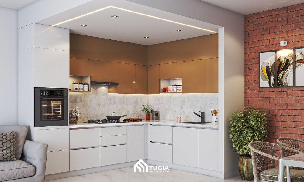 Mẫu tủ bếp chữ L hiện đại do Nội thất Tứ Gia thiết kế và thi công