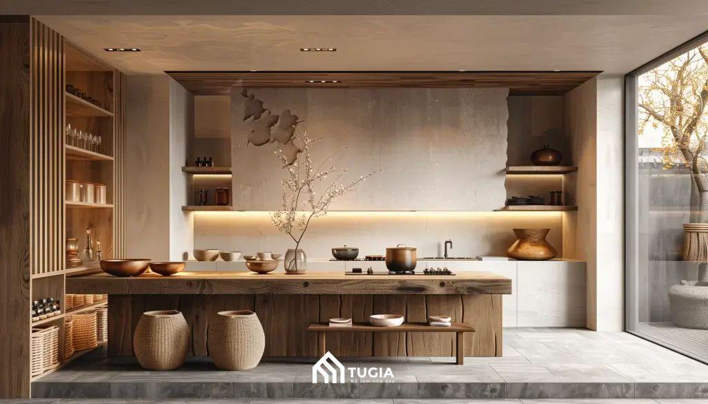 Căn bếp nhỏ mộc mạc với phong cách wabi sabi do Nội thất Tứ Gia thiết kế