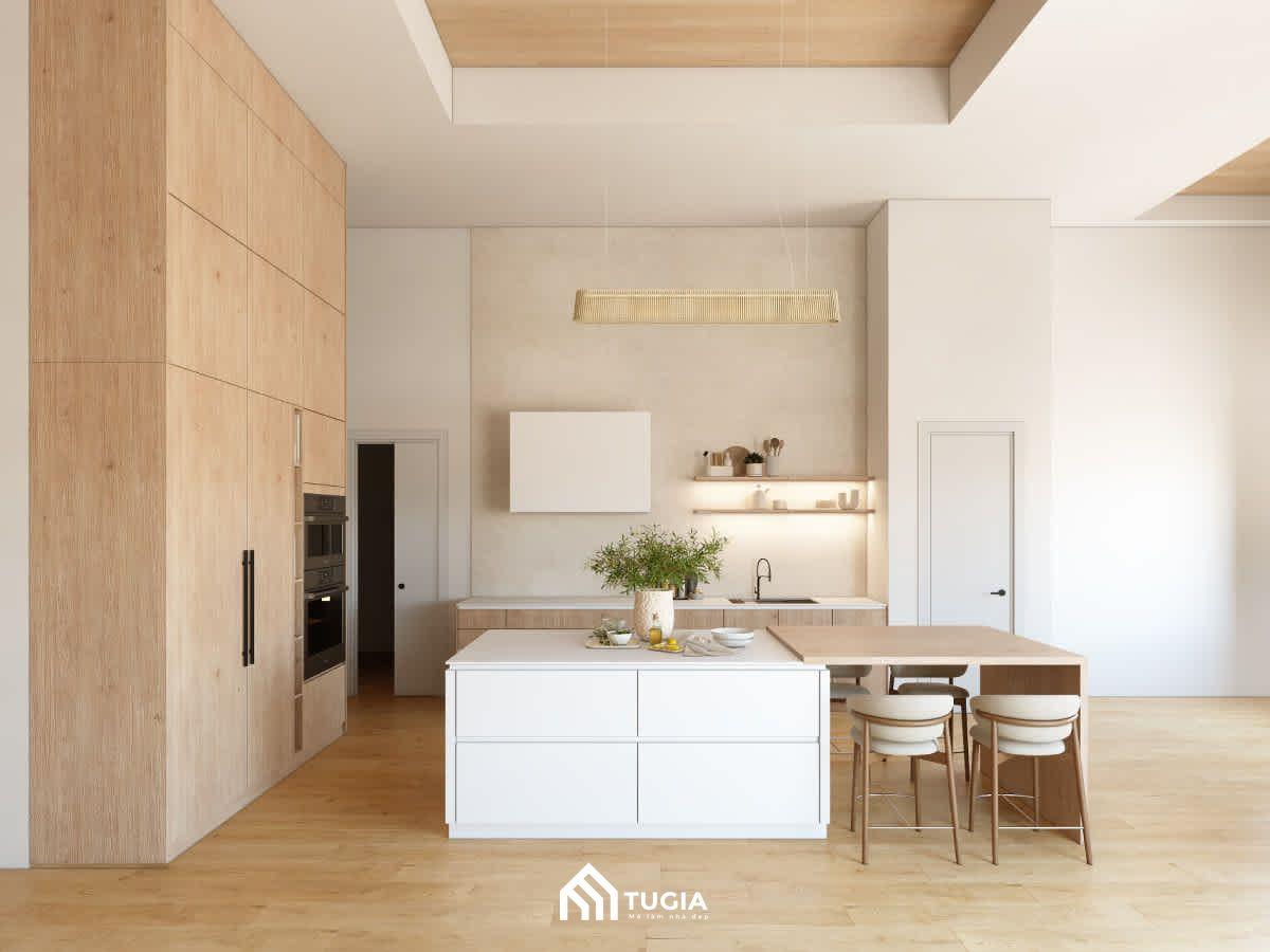 Không gian nhà bếp nhỏ đơn giản với thiết kế mở phong cách wabi sabi