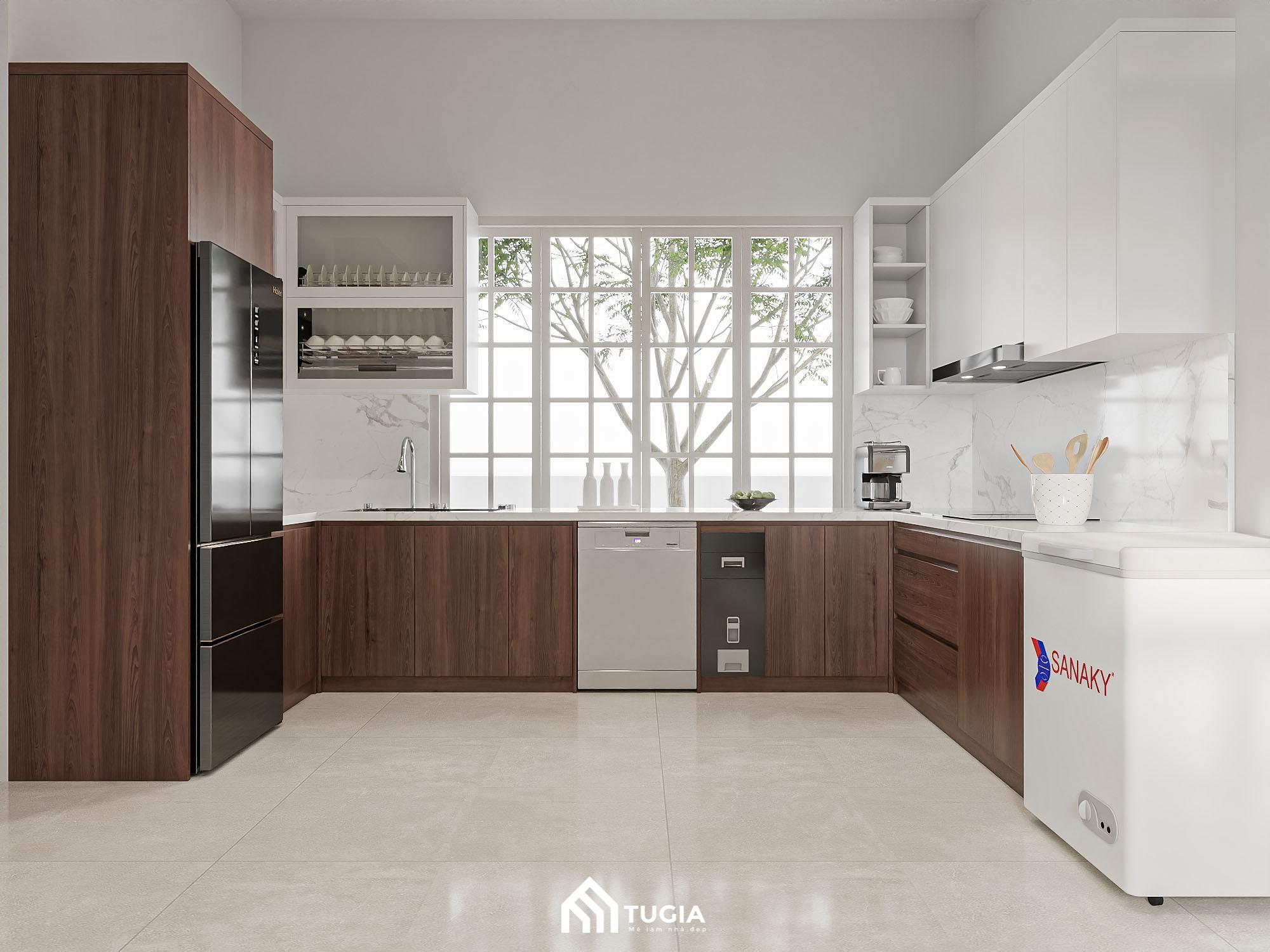 Nội thất Tứ Gia thiết kế nhà bếp nhỏ với hệ tủ bếp hình chữ U tiện nghi
