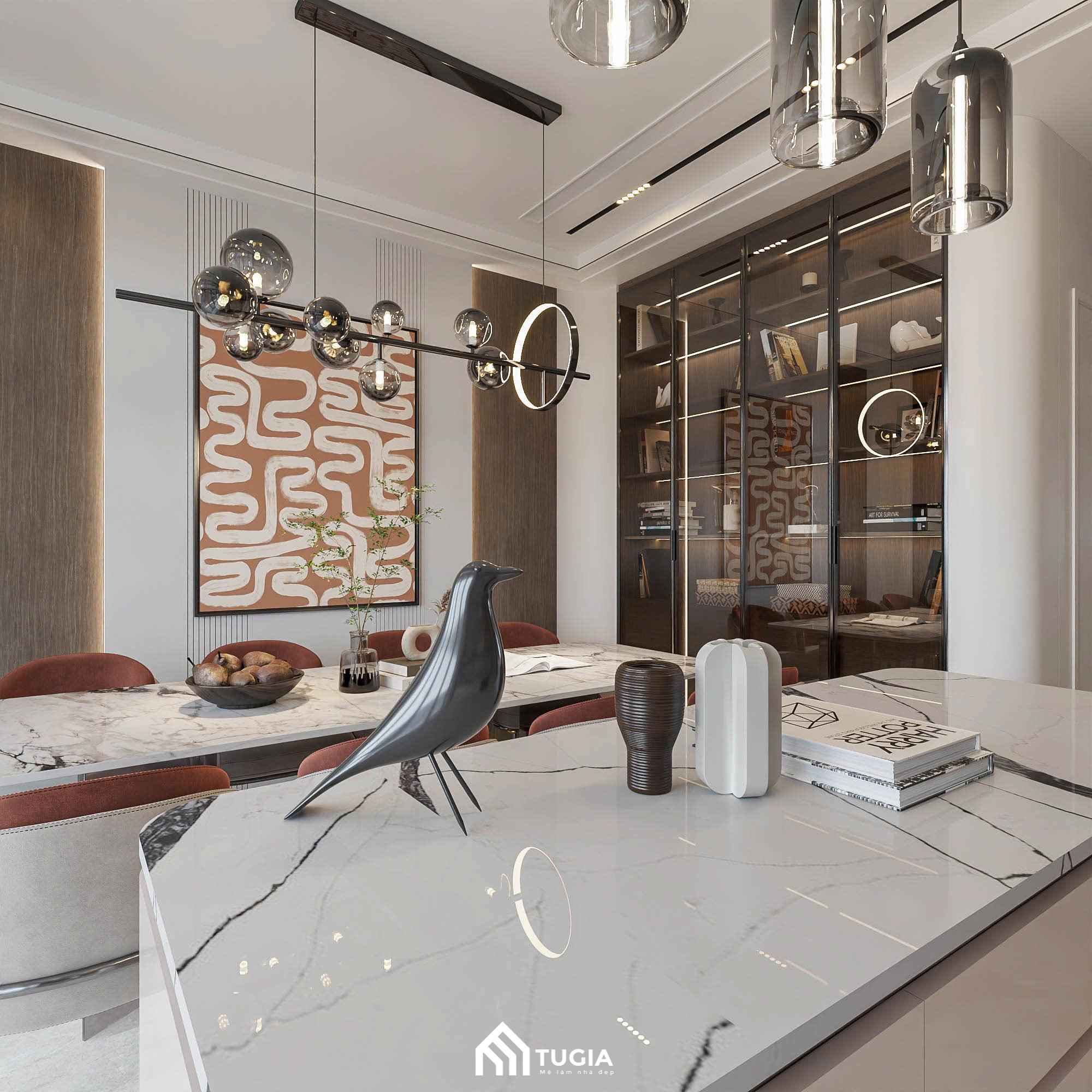 Đèn thả trần gồm nhiều quả cầu kính trong suốt và khói xám tạo điểm nhấn nghệ thuật