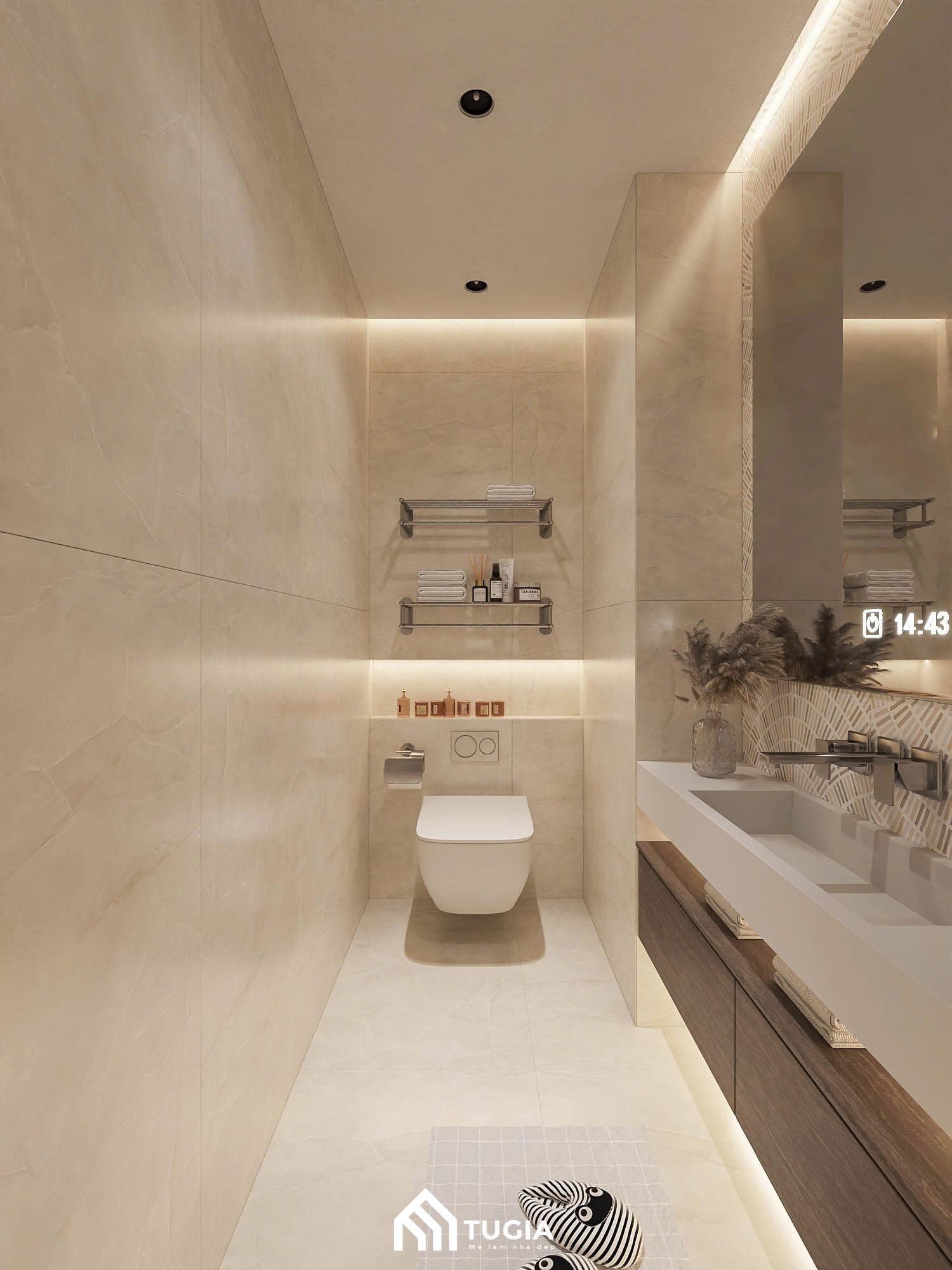 Bồn rửa tay kết hợp gương lớn mang đến vẻ đẹp sang trọng và tạo cảm giác không gian rộng mở và thoáng đãng hơn
