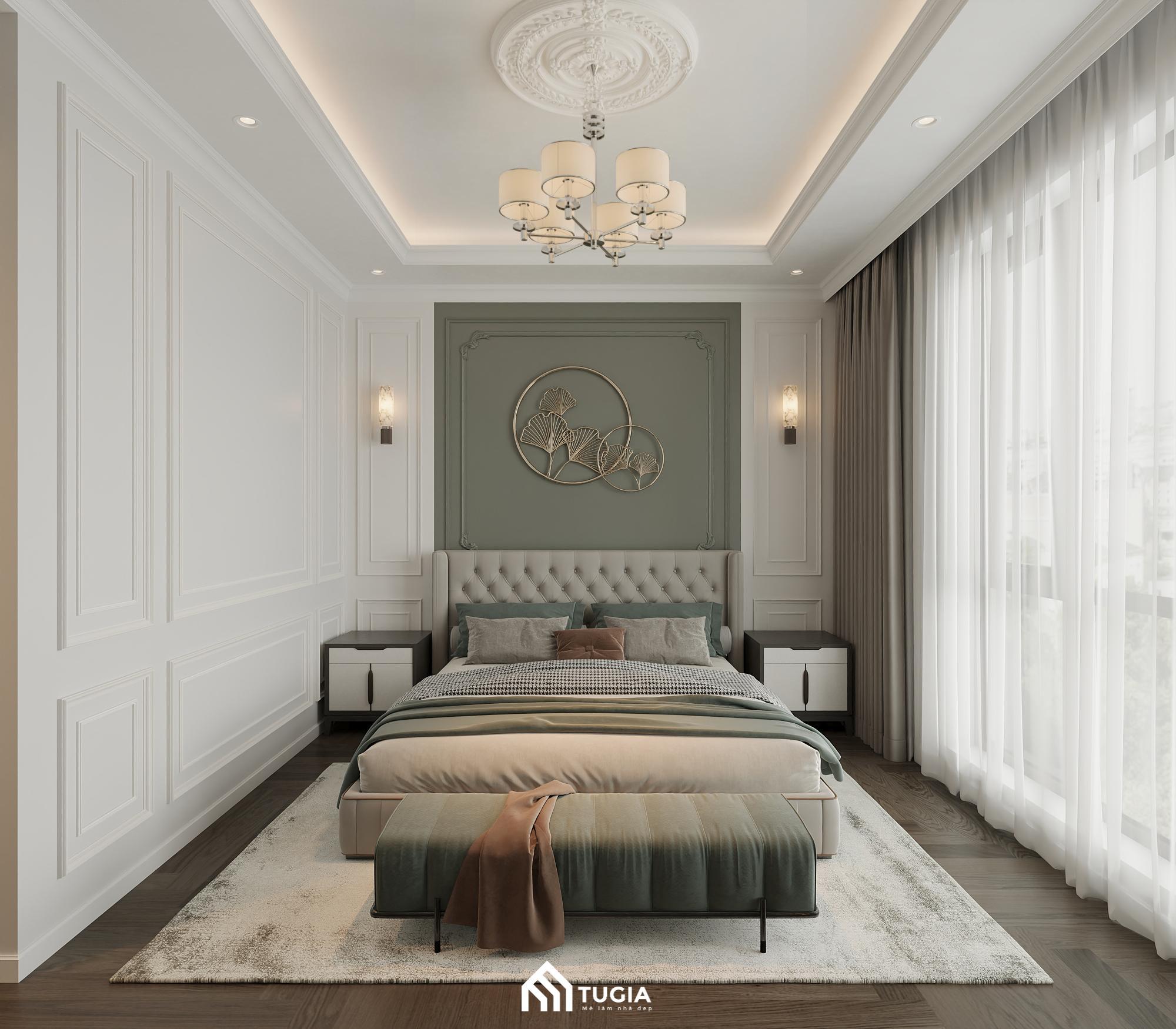 Phòng ngủ sang trọng có tông màu trắng và xanh xám chủ đạo, tạo cảm giác thanh lịch và ấm cúng