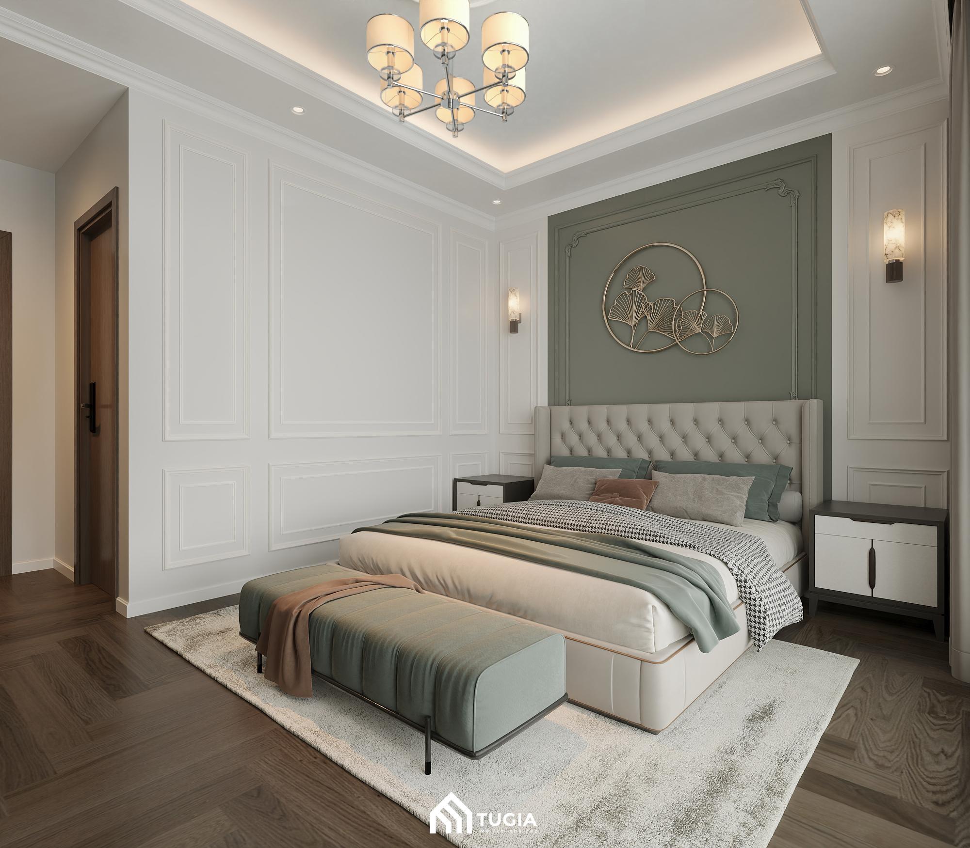 Giường ngủ có kích thước lớn, với phần đầu giường được bọc nệm màu kem và các đường may hình quả trám