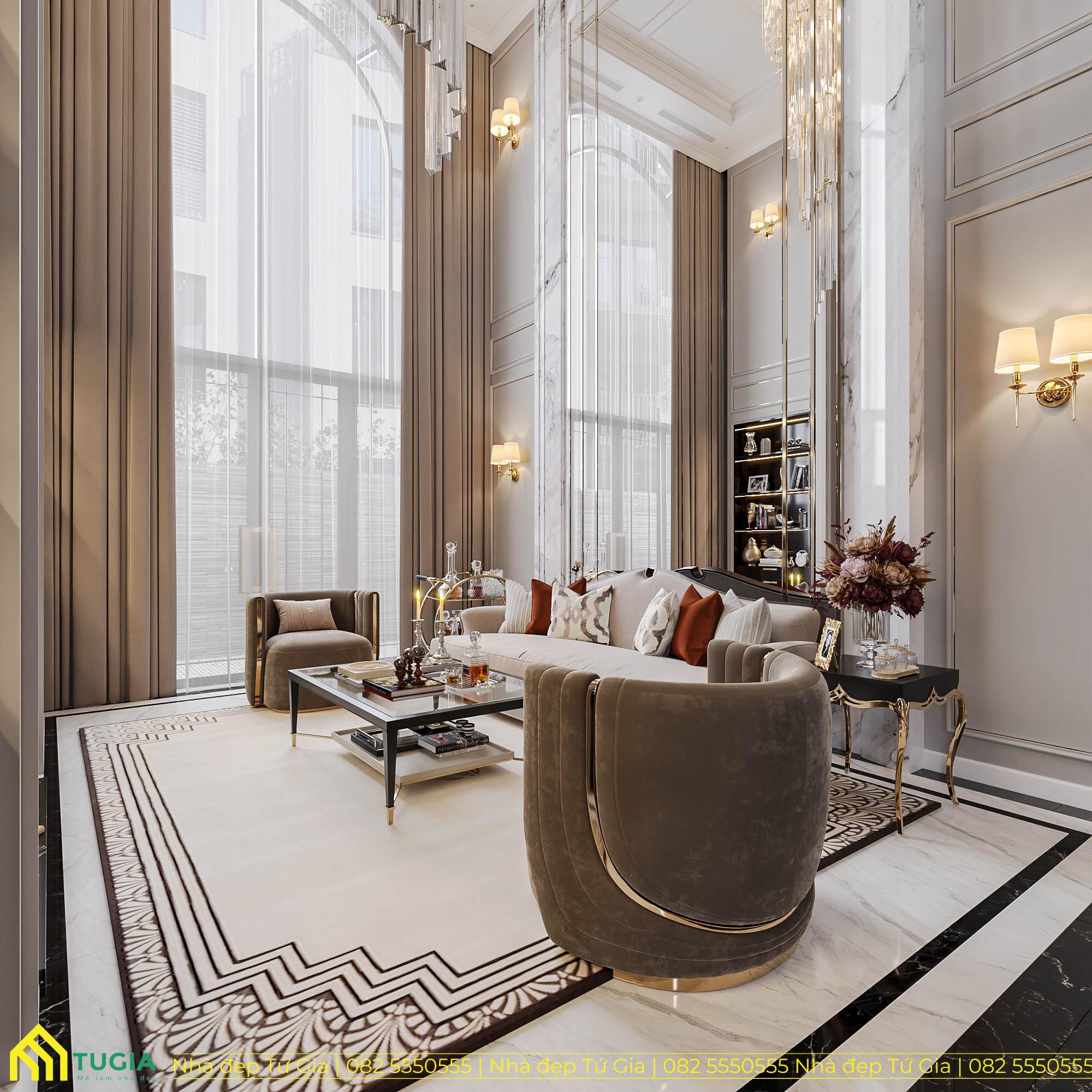 Sofa dài màu kem kết hợp với ghế bành bọc nhung sang trọng là đặc trưng thường thấy trong phong cách tân cổ điển