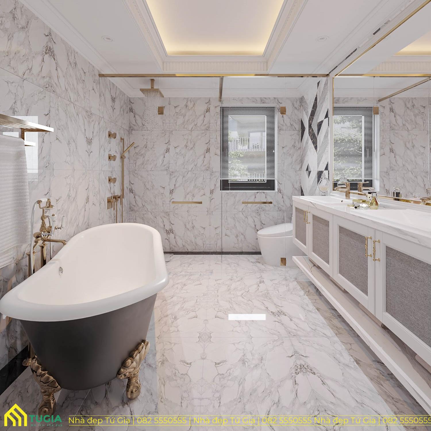 Phòng tắm kết hợp phòng vệ sinh với đồ nội thất cao cấp tone màu trắng sáng