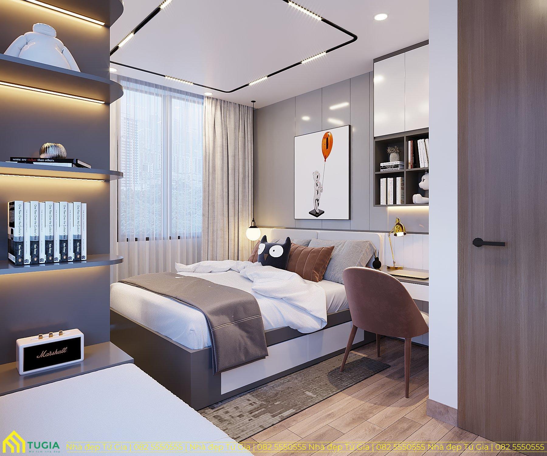 Phòng ngủ cho bé lớn được bố trí đơn giản với giường ngủ và hệ bàn học kết hợp giá sách