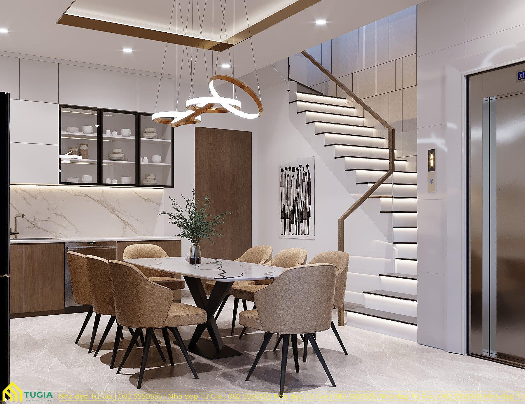 Khu vực phòng bếp được bố trí thêm bàn ăn 6 ghế dành cho cả gia đình Anh Hiếu cùng dùng bữa