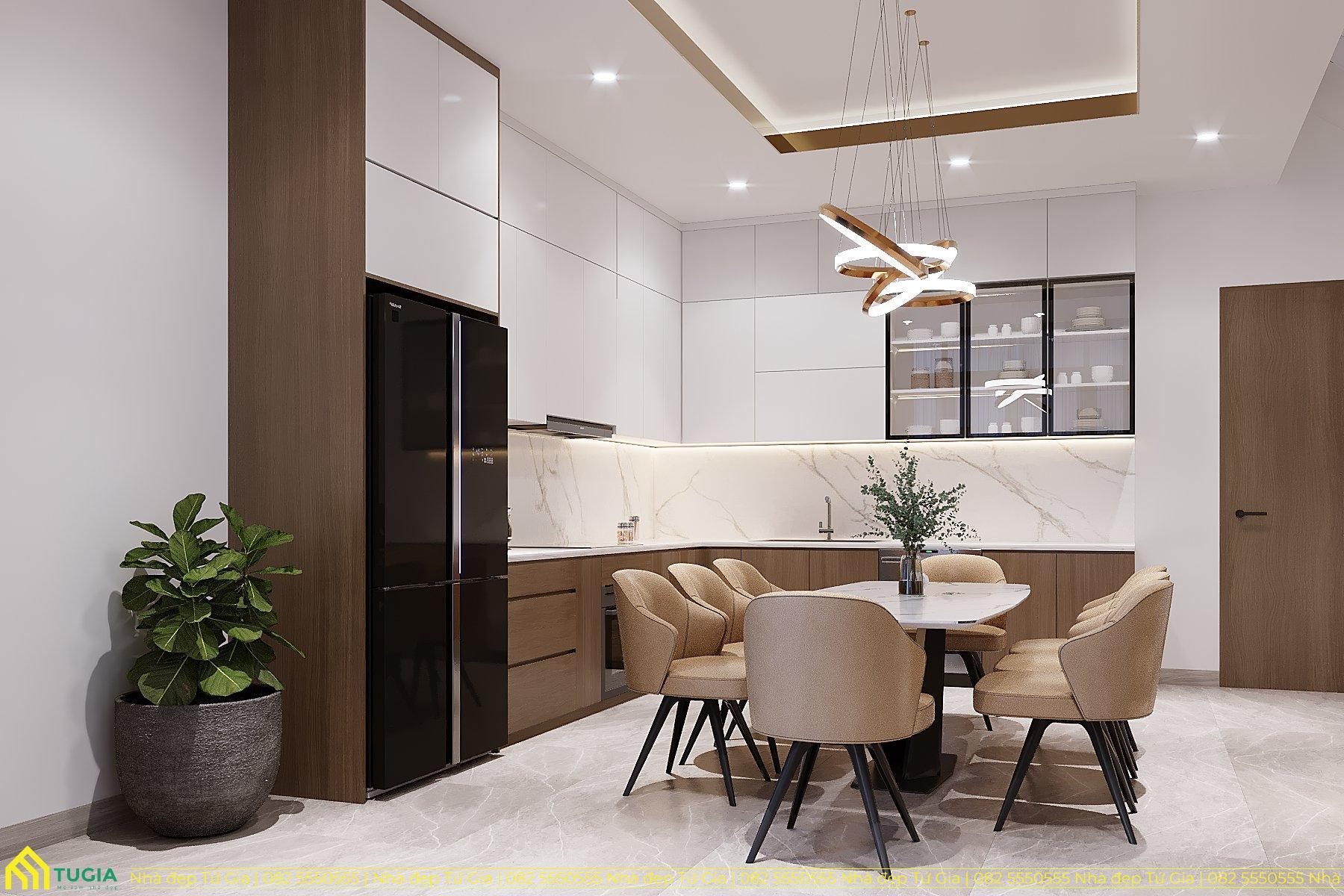 Căn bếp được thiết kế tối ưu công năng và thẩm mỹ, tạo sự ấm cúng cho ngôi nhà