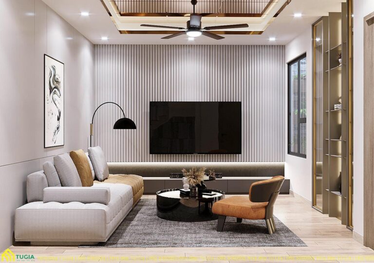 Phòng khách được thiết kế hiện đại với tone màu sáng vô cùng sang trọng, thanh lịch