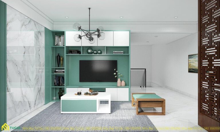 Thiết kế phòng khách không gian mở gam màu trắng xanh ngọc dễ chịu
