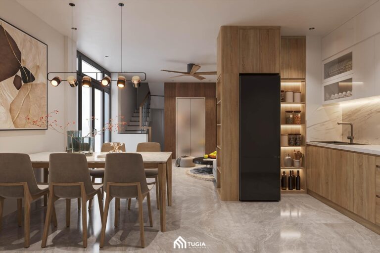 Khu vực bàn ghế ăn được bố trí đối diện bếp nấu cực kỳ tiện nghi