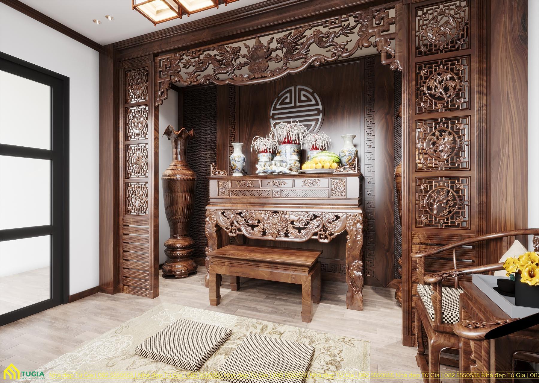 Thiết kế phòng thờ đậm nét văn hoá Á Đông với các họa tiết rồng phượng, hoa lá chạm khắc cầu kỳ, phức tạp