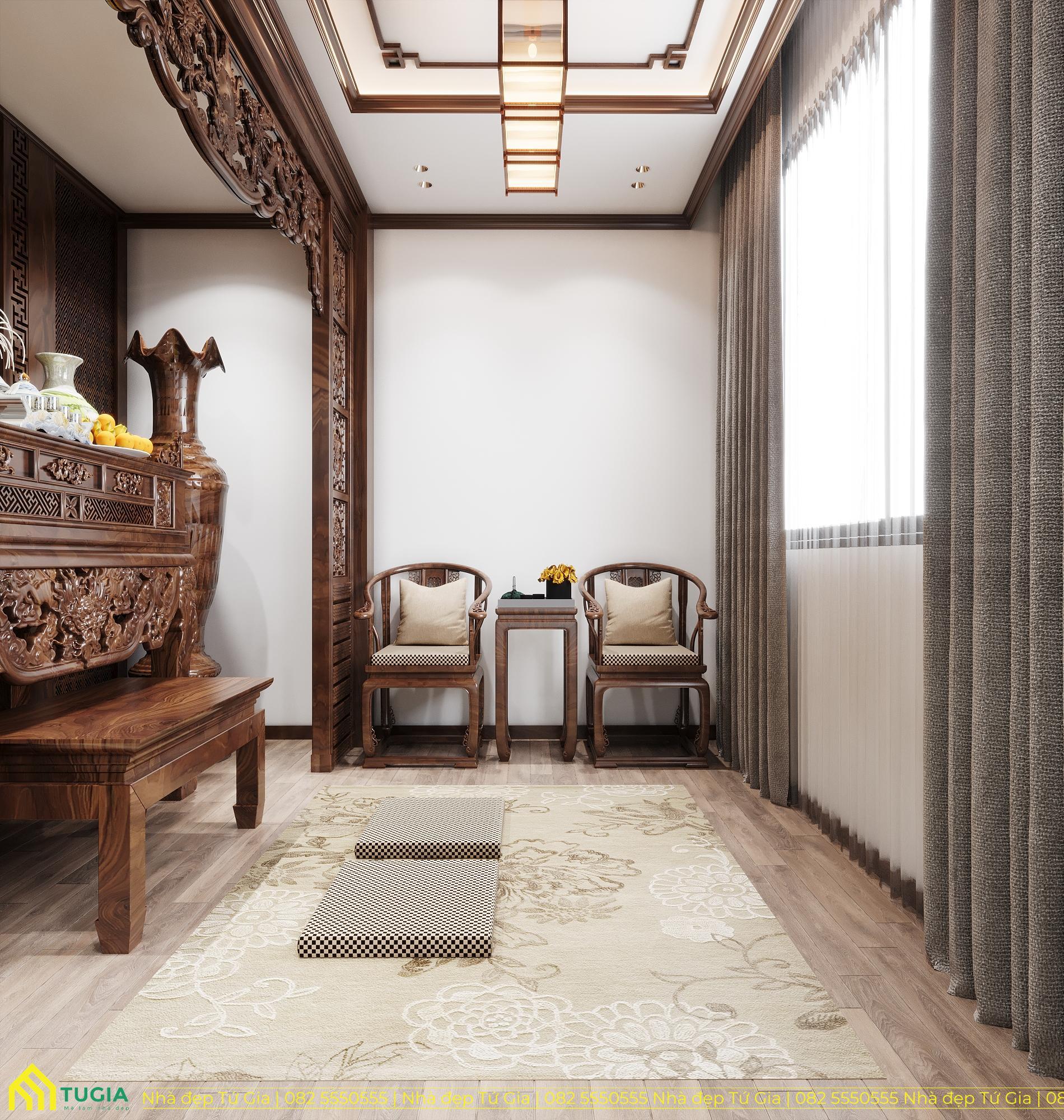 Bố trí ghế ngồi kiểu dáng ghế Minh Đường với tựa lưng bo cong mềm mại, thanh lịch cho không gian phòng thờ