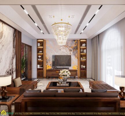 Thiết kế phòng khách sang trọng với sofa bàn trà bằng gỗ óc chó bố trí hình chữ U làm điểm nhấn