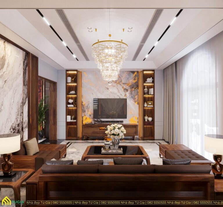 Thiết kế phòng khách sang trọng với sofa bàn trà bằng gỗ óc chó bố trí hình chữ U làm điểm nhấn