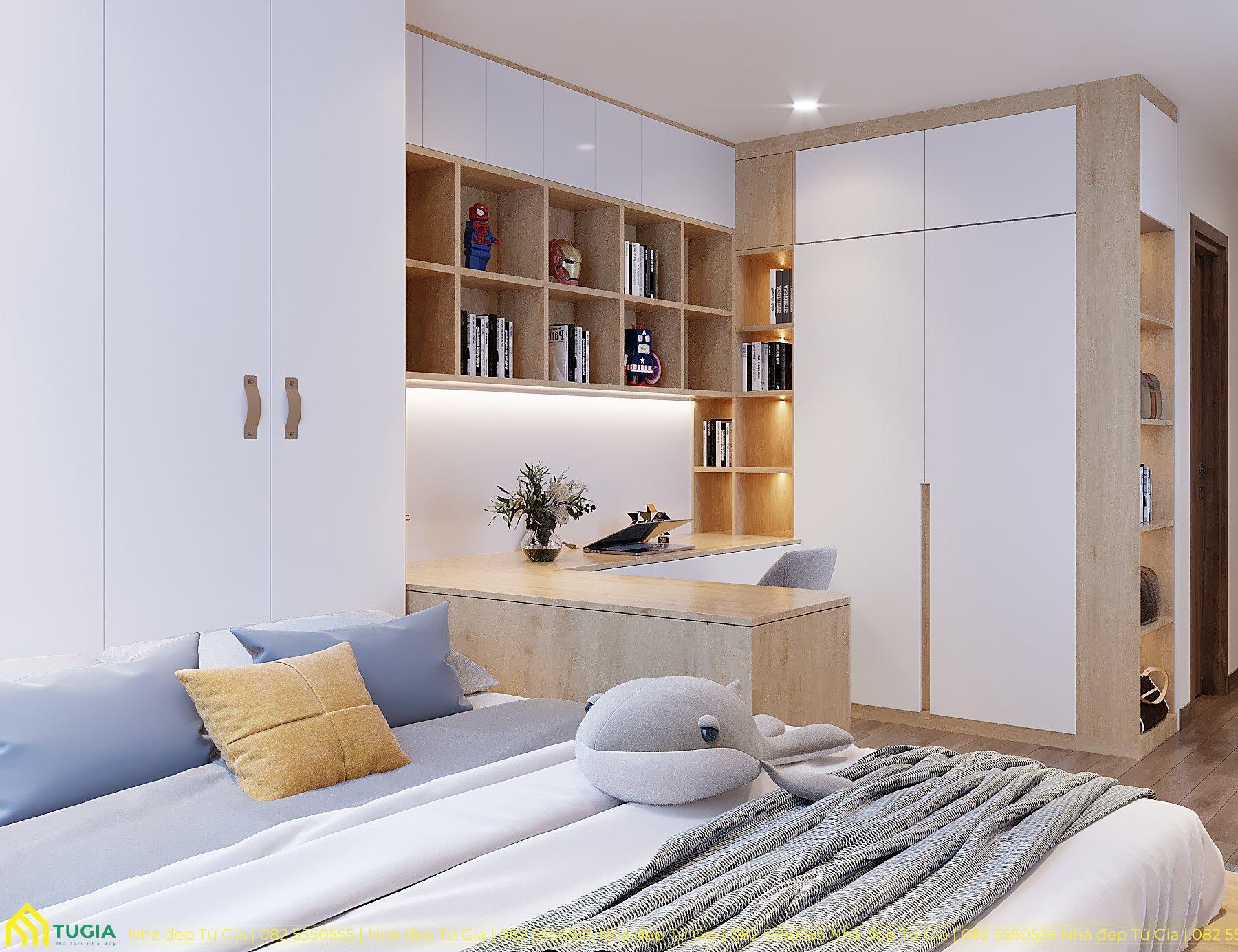 Thiết kế phòng ngủ cho bé trai út với hệ tủ quần áo kết hợp bàn học giúp tiết kiệm diện tích