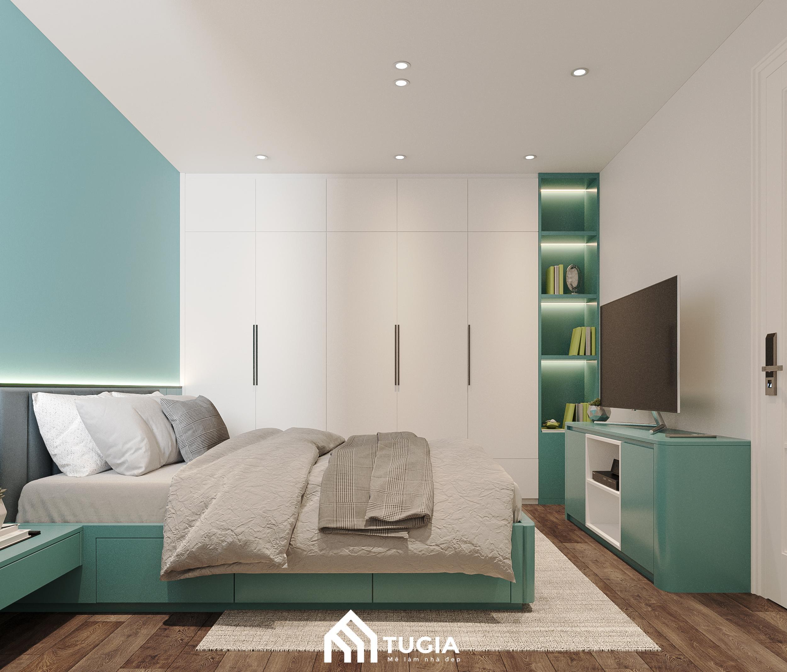 Nội thất trong phòng được lựa chọn đơn giản, tinh tế, bao gồm giường ngủ, tủ đồ, kệ tivi