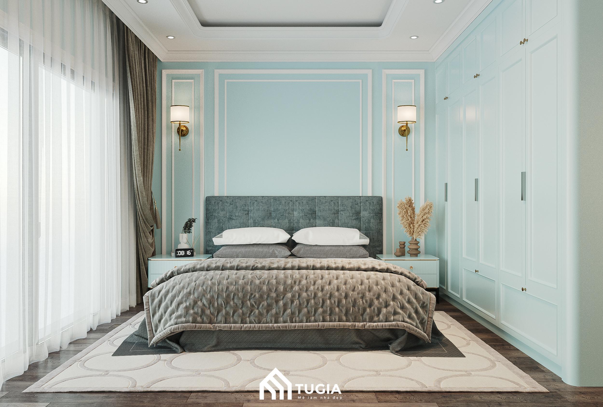 Phòng ngủ tân cổ điển cho vợ chồng Chị Thu nổi bật với giường bọc nệm cao cấp, tủ quần áo âm tường và ánh sáng LED nhẹ nhàng