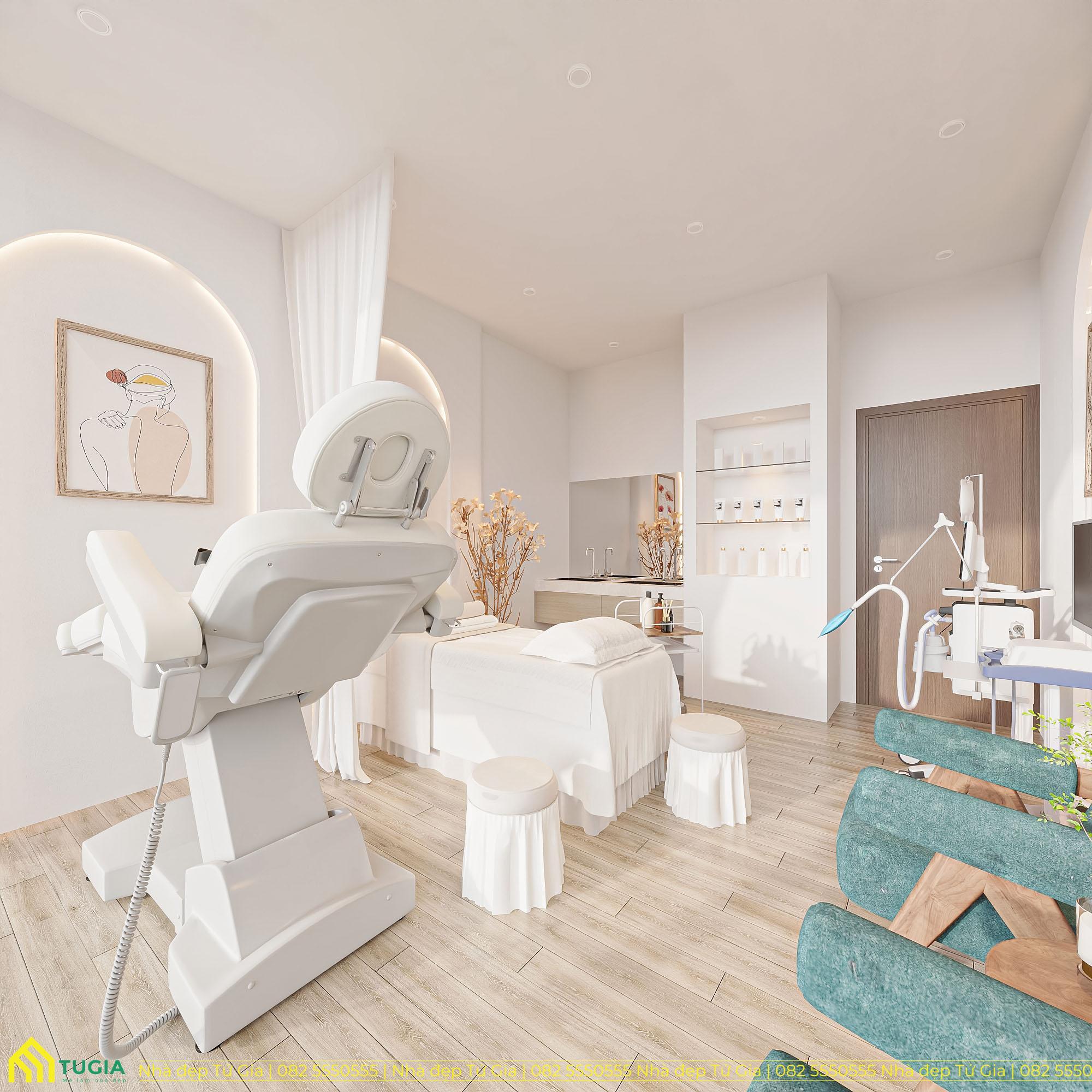 Thiết kế spa với tone màu trắng be chủ đạo, kết hợp với ánh sáng vàng nhẹ giúp không gian trở nên ấm áp và sang trọng