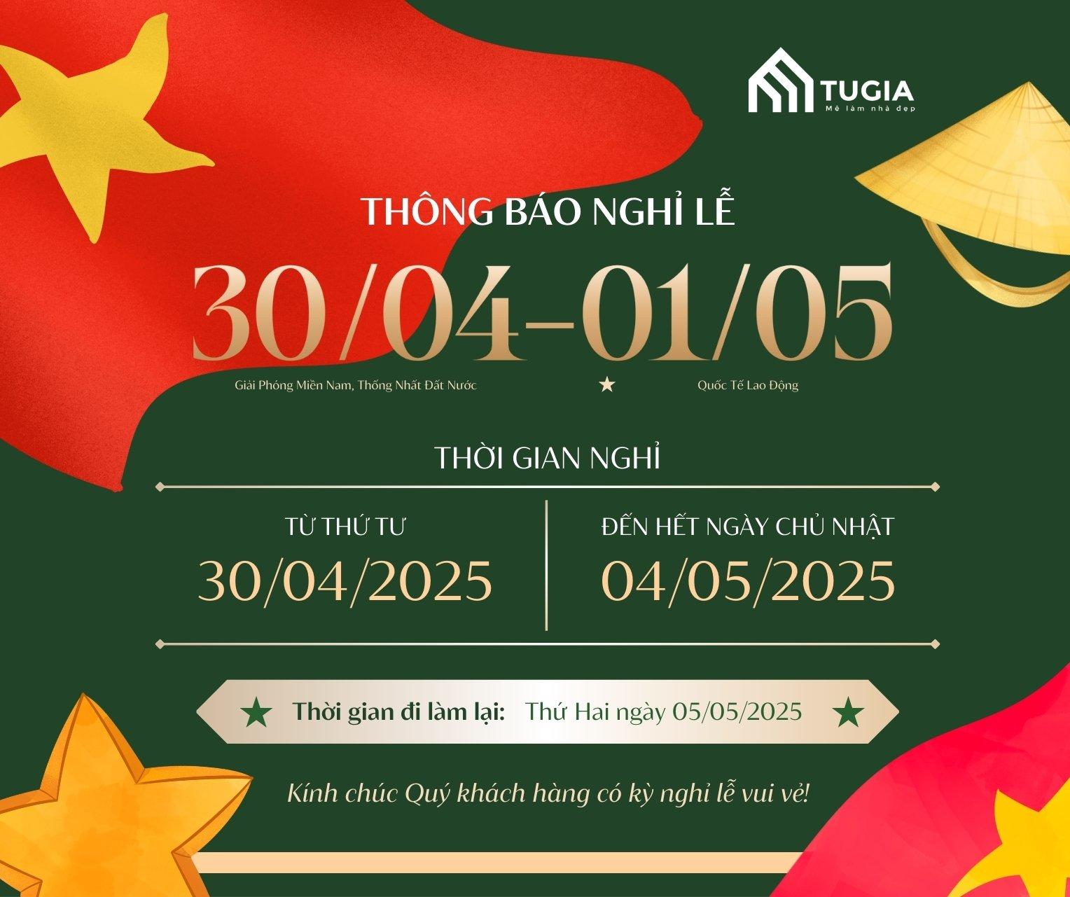Nội thất Tứ Gia thông báo lịch nghỉ lễ 30/4 - 1/5