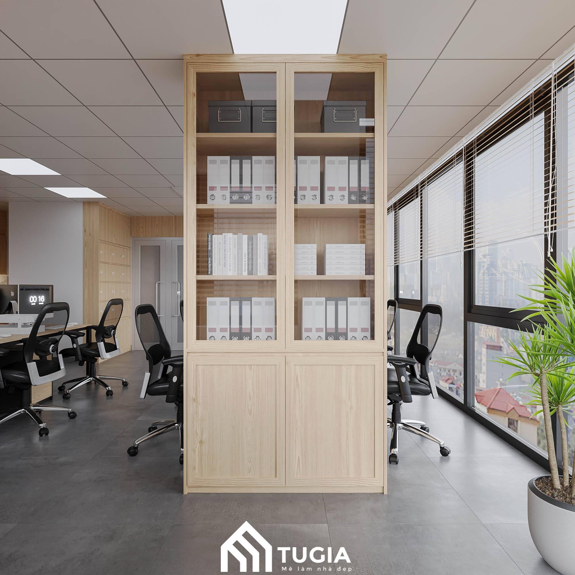 Tủ tài liệu bằng gỗ sang trọng còn đóng vai trò như một vách ngăn trong không gian làm việc chung